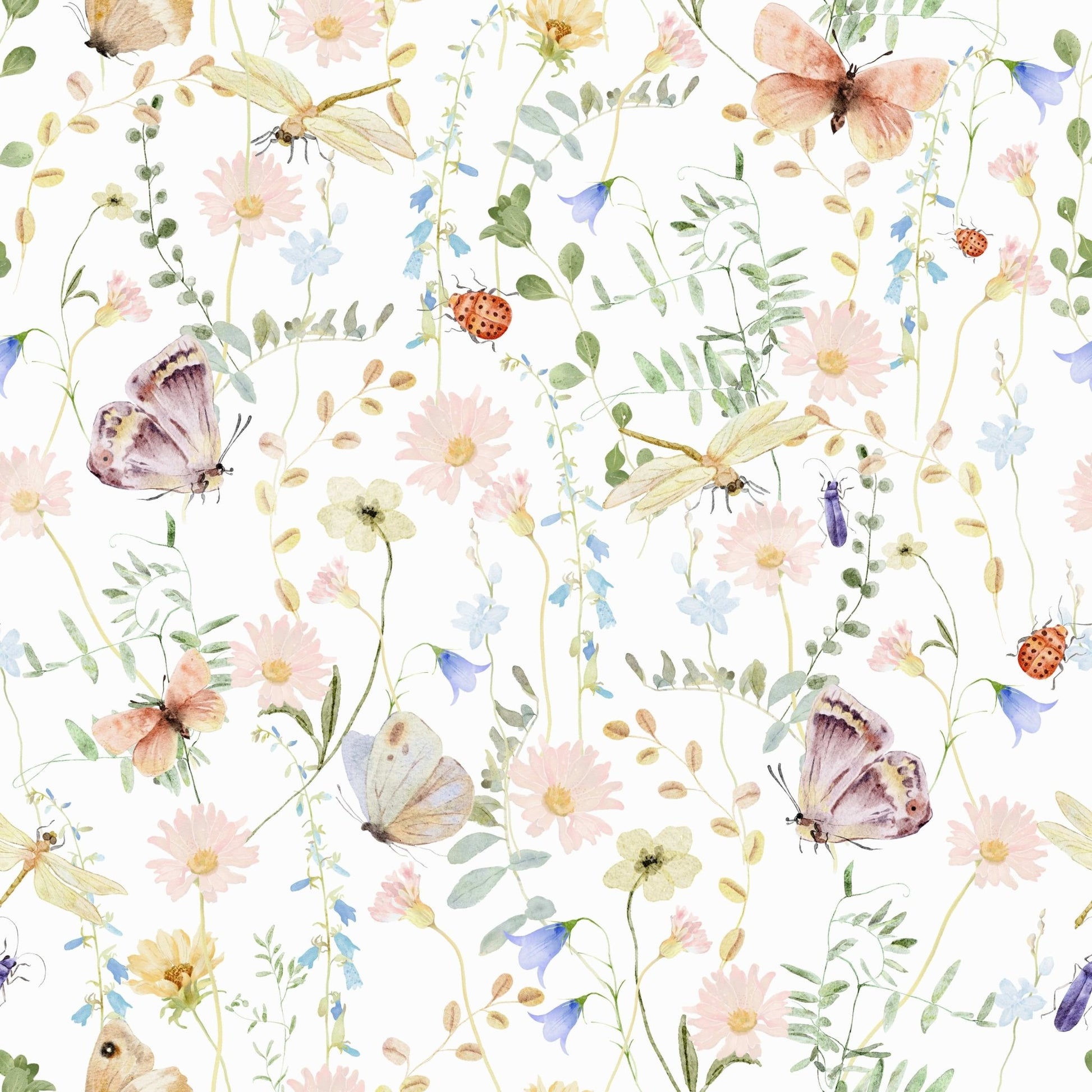 Blush Meadow's Whisper wallpaper close-up of watercolor daisies, bluebells, dragonflies and butterflies on white