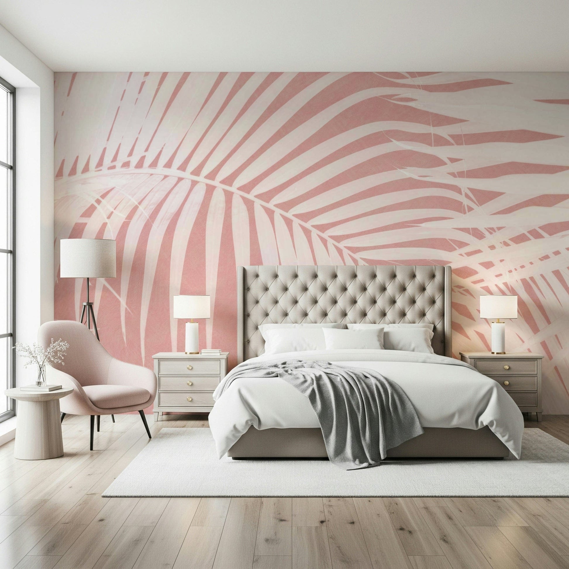A beautiful blush pink palm leaf wallpaper mural for a modern home.

