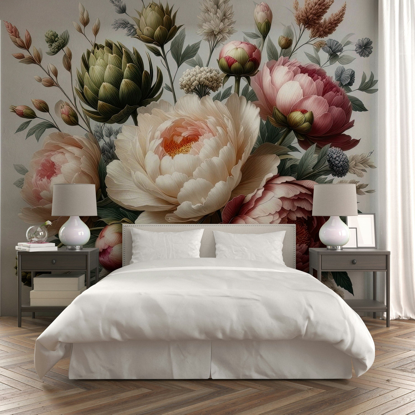 A classic moody mural with a peony pattern.