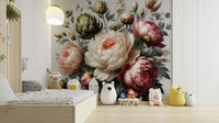 A photo of a Vintage Peonies Moody Wall Mural with dark flowers.