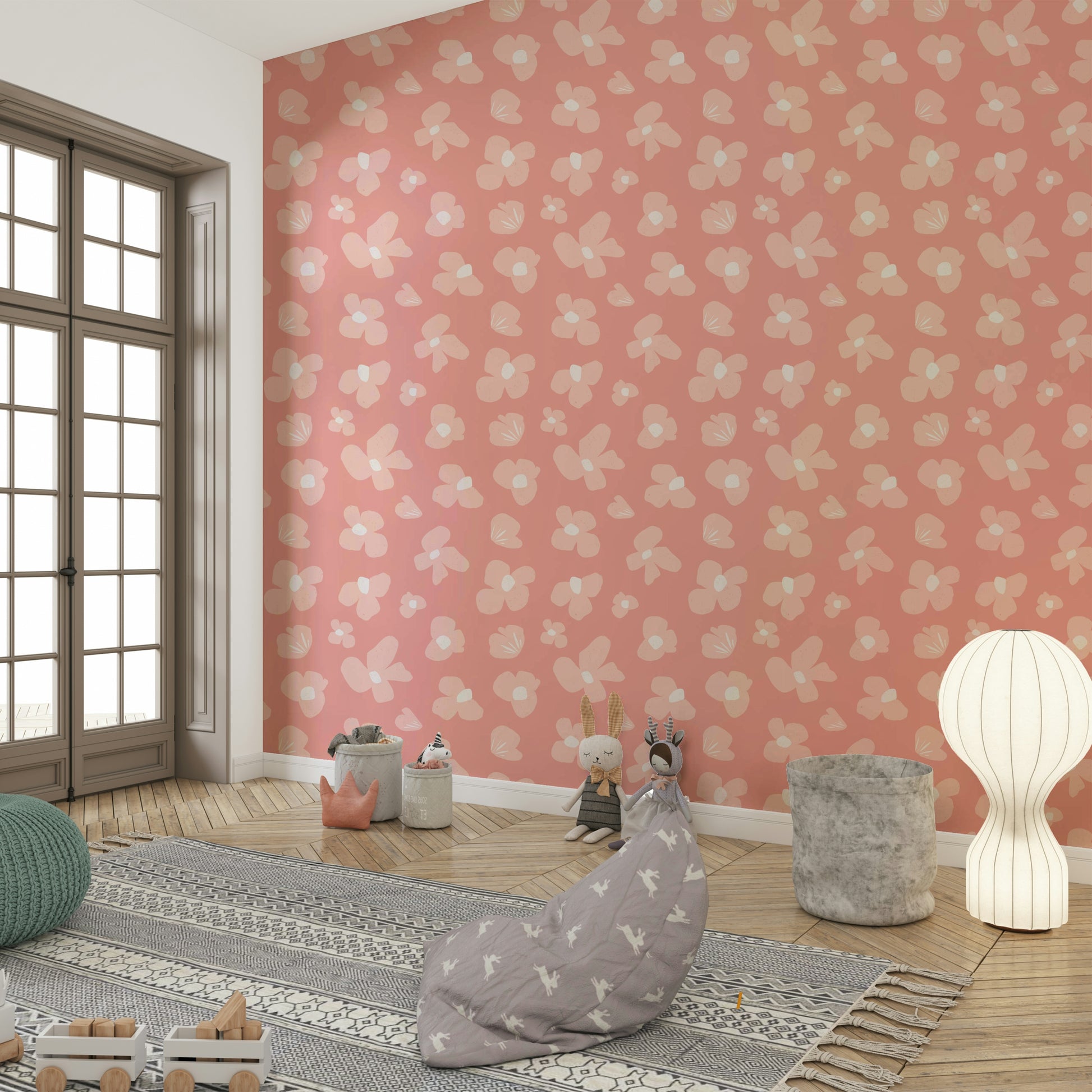 Soft floral wallpaper in blush pink tones

