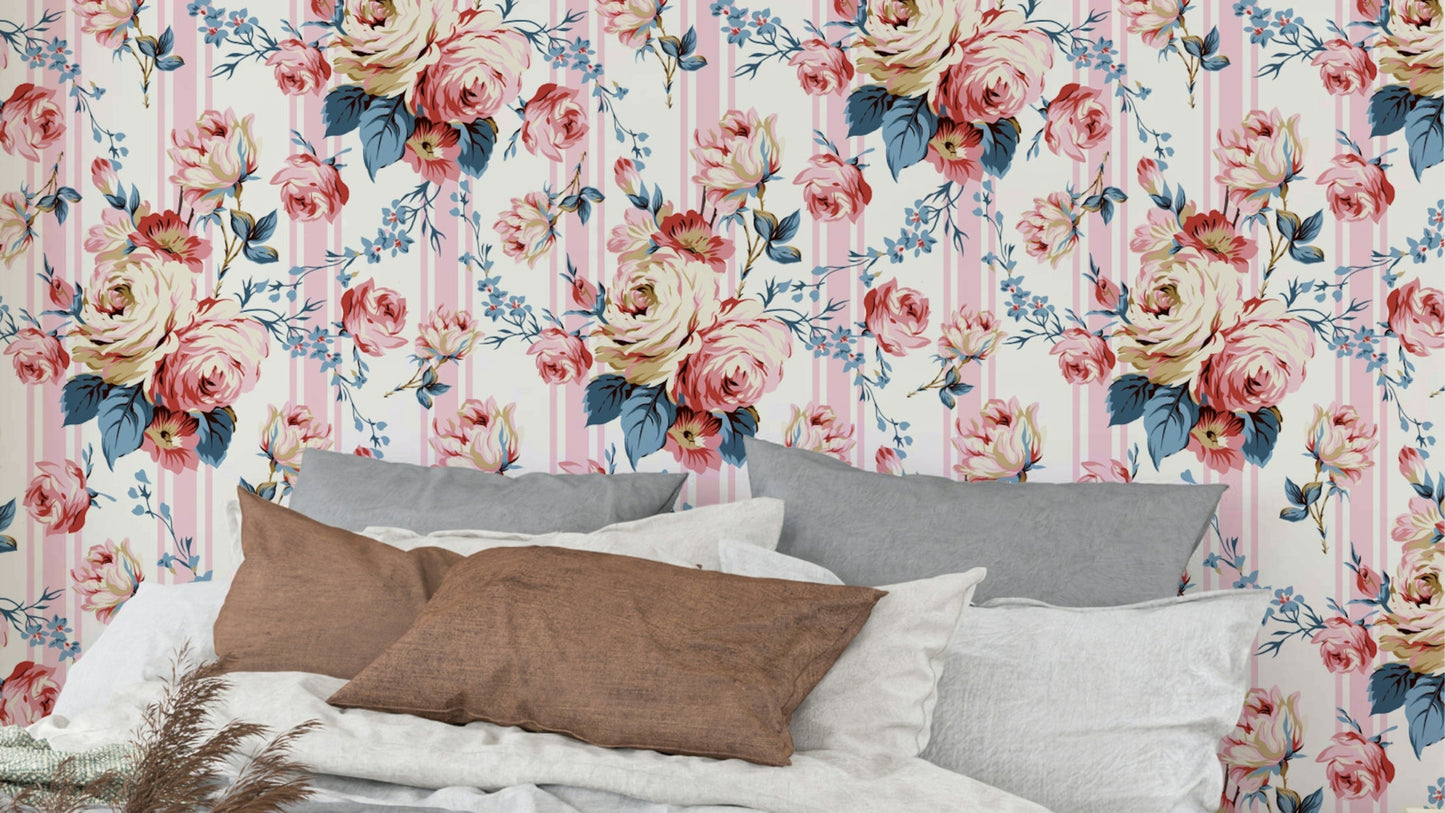Blush Rose & Stripe Wallpaper with pink roses on blue and white stripes.

