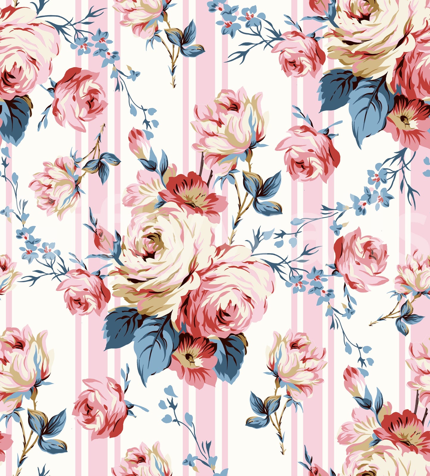 Wallpaper featuring lush blush blooms and light blue vertical bands.

