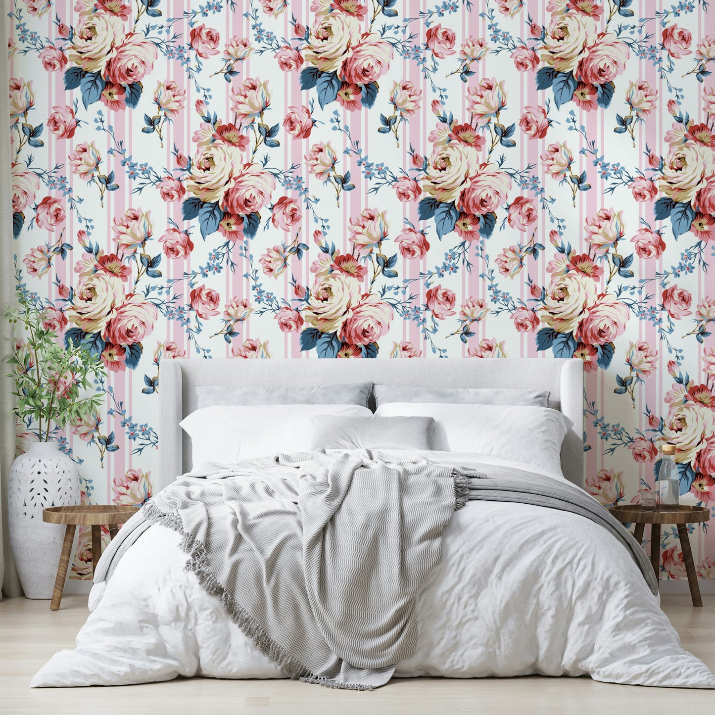 Romantic stripe wallpaper featuring bold floral clusters.

