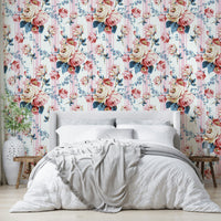 Romantic stripe wallpaper featuring bold floral clusters.


