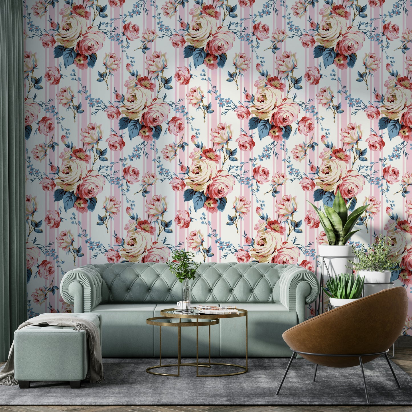 Wallpaper with magenta roses and alternating blue-white stripe pattern.

