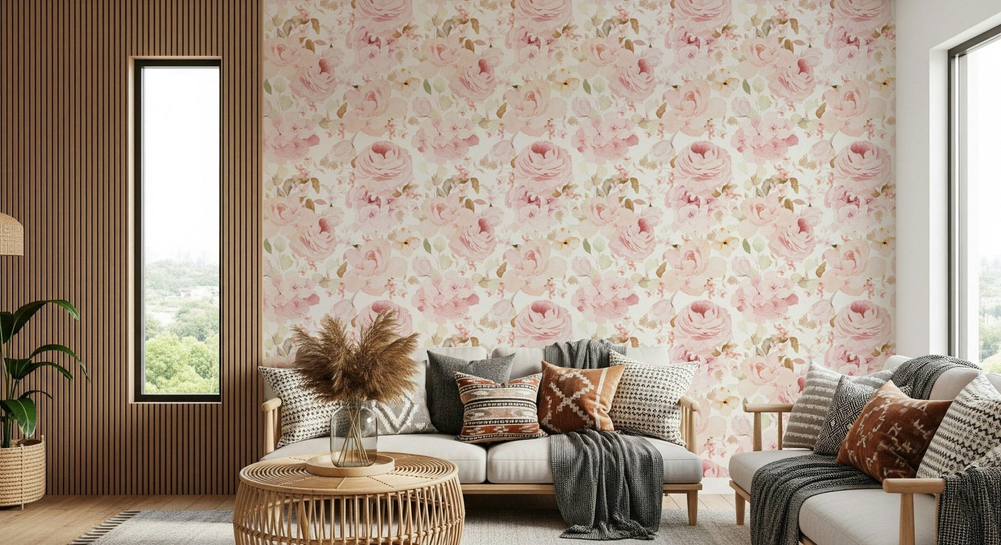Pastel pink floral wall mural Blush Rose Summer Garden