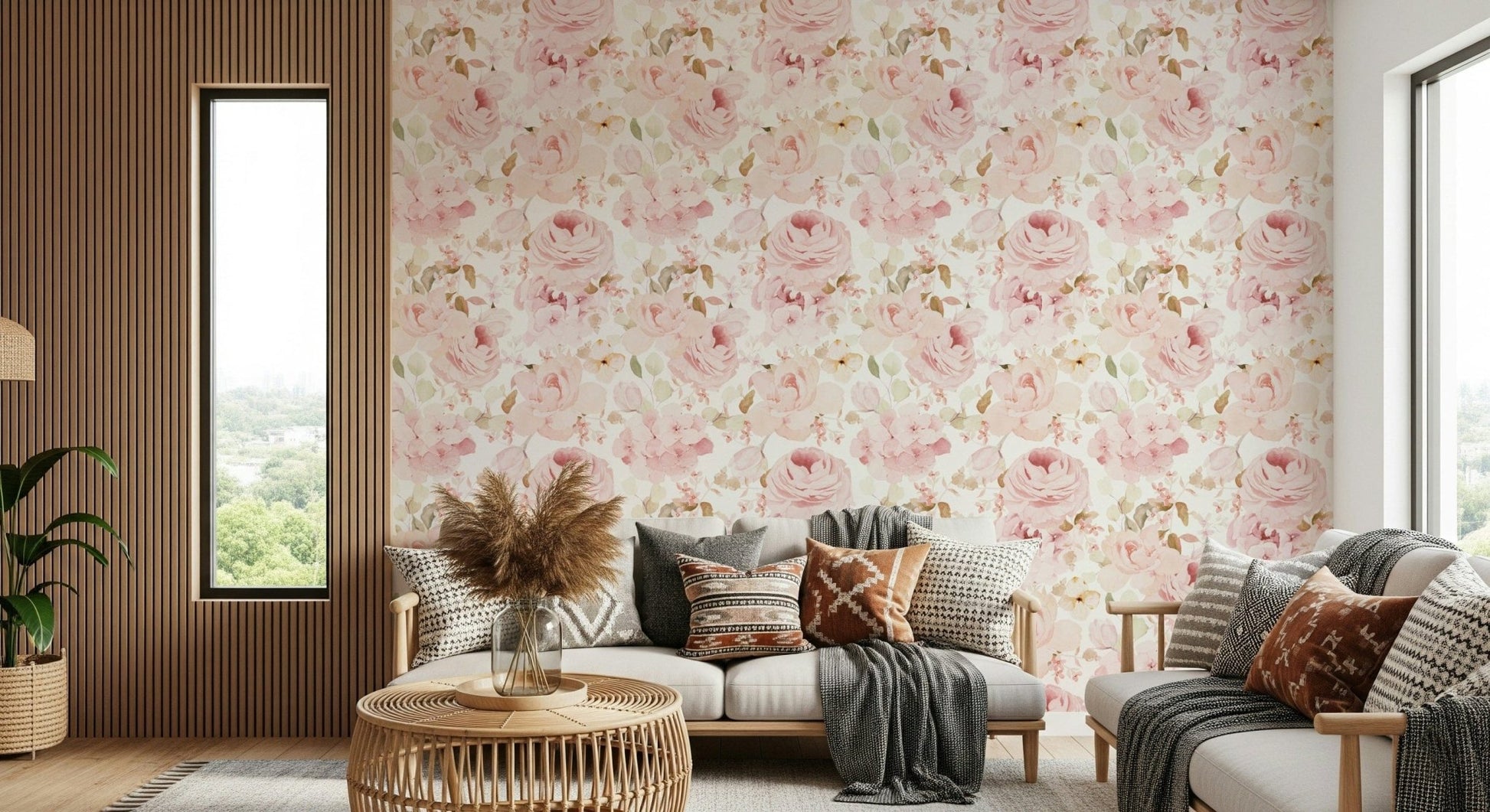 Pastel pink floral wall mural Blush Rose Summer Garden