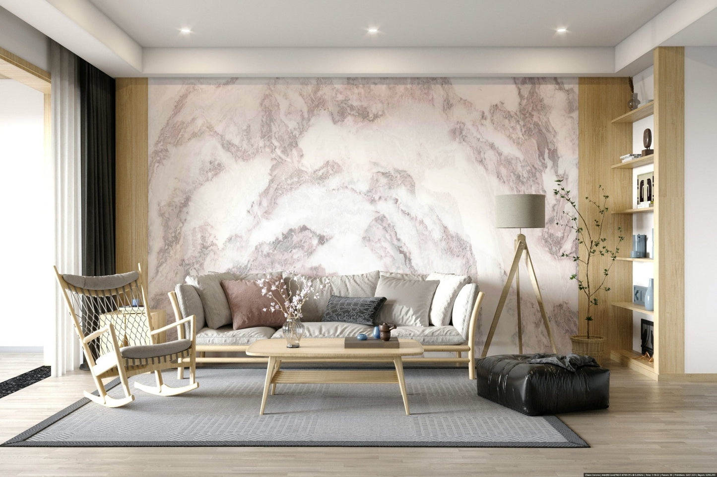Blush Stone Texture wallpaper mural in soft pink marble behind a blush sofa, wood rocking chair and tripod lamp
