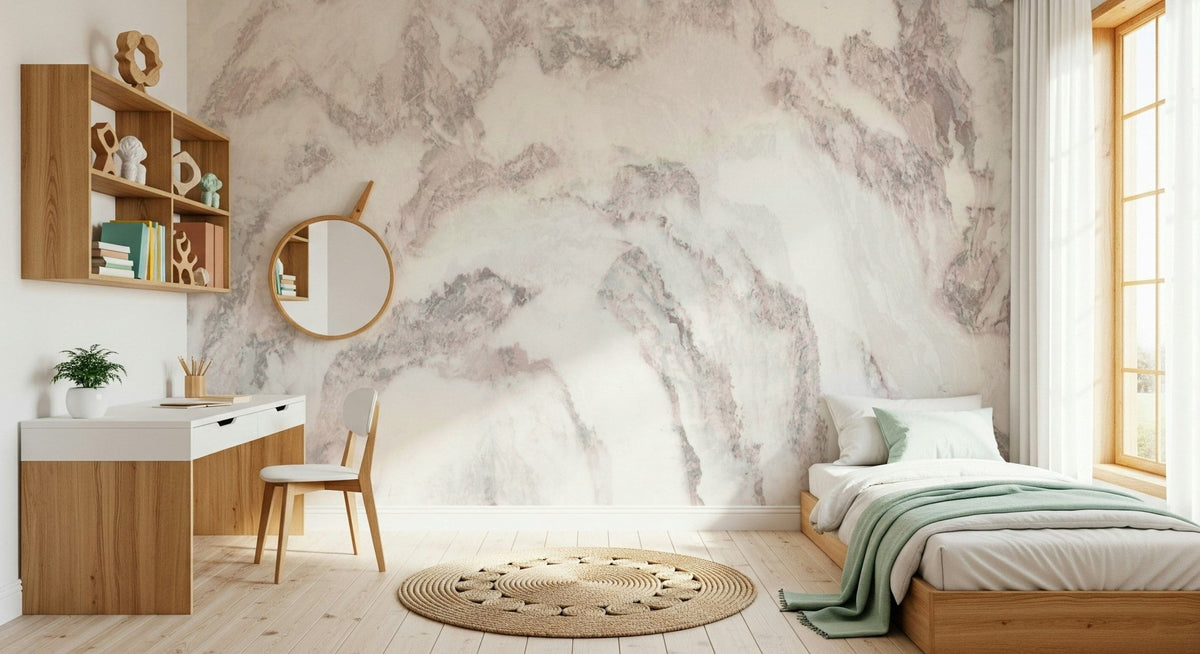 Blush Stone Texture wallpaper mural in blush marble in a bedroom with a wood bed, white desk and round mirror