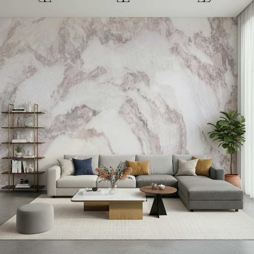 Blush Stone Texture wallpaper mural in pink-veined marble behind a grey L-sectional, brass etagere and fiddle-leaf fig
