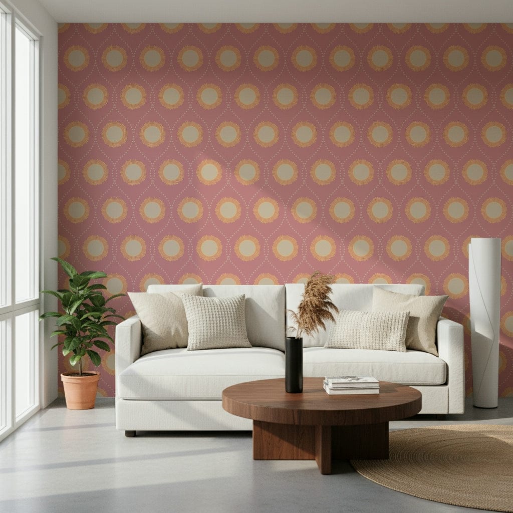 Sophisticated Blush Sunburst wall mural. Pastel decorative ray dot pattern.