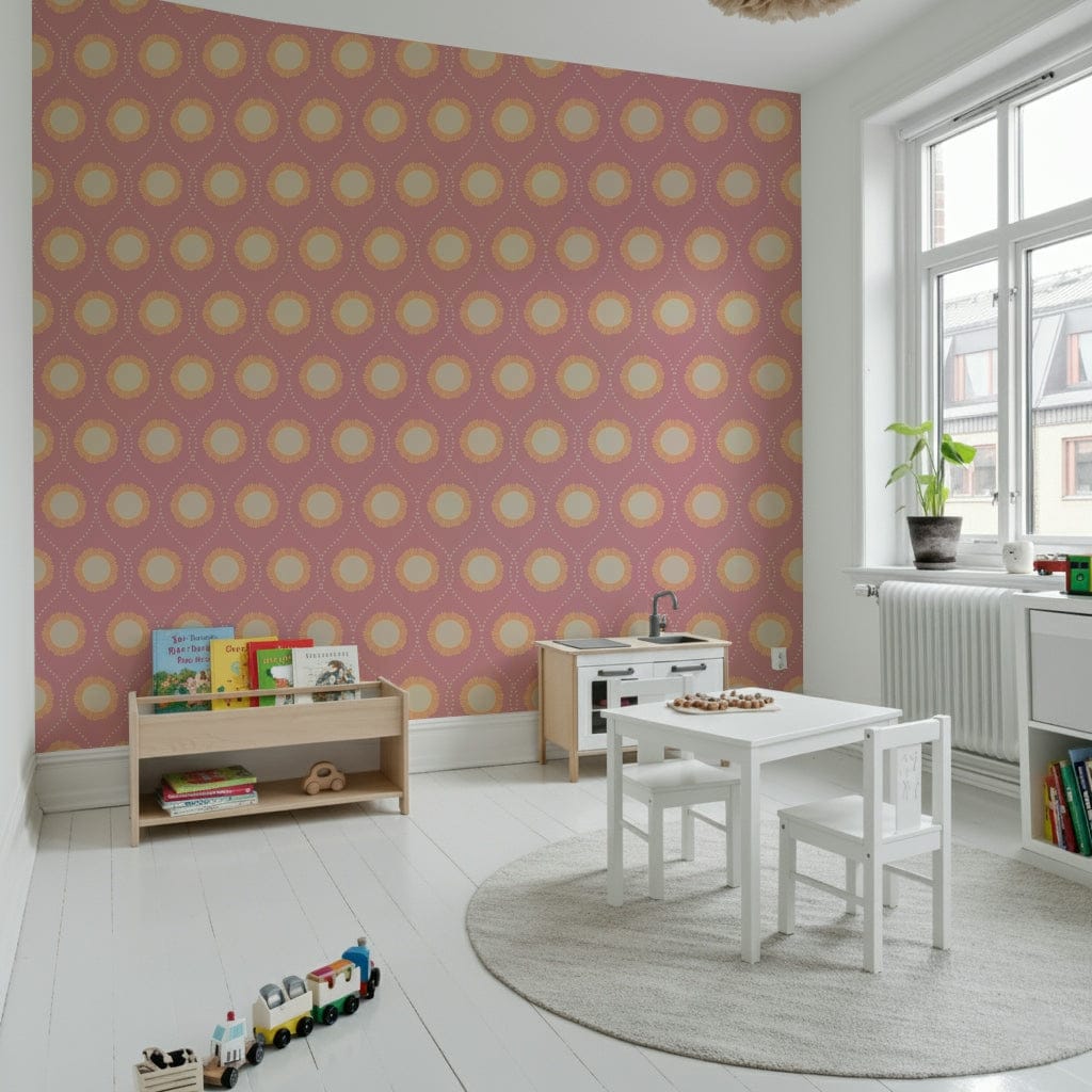 Blush Sunburst pattern wallpaper Geometric daisy design with dotted trellis.