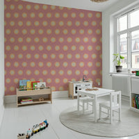 Blush Sunburst pattern wallpaper Geometric daisy design with dotted trellis.