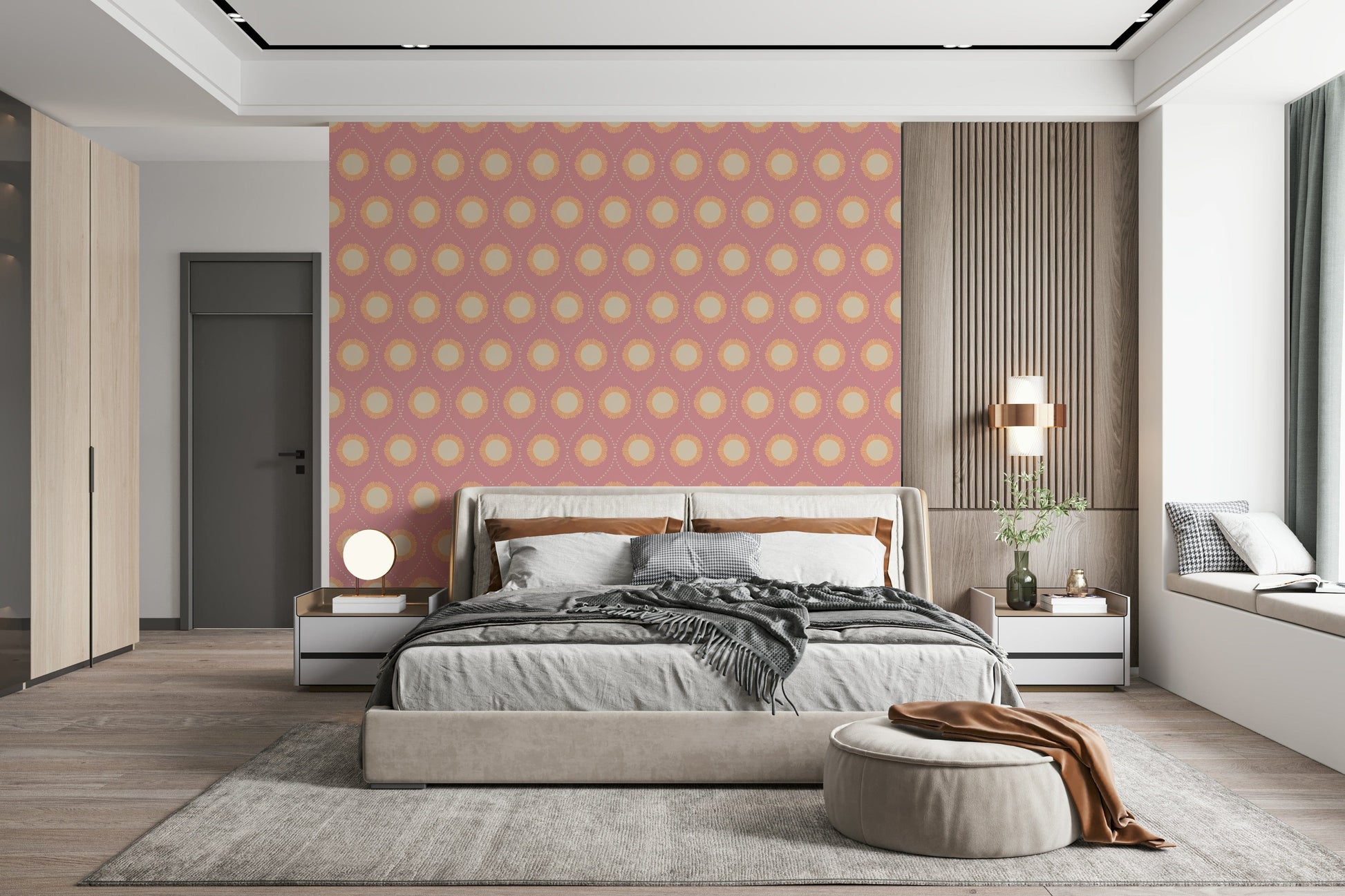 Charming Blush Sunburst pattern wallpapern Light hues and delicate dotted lines.