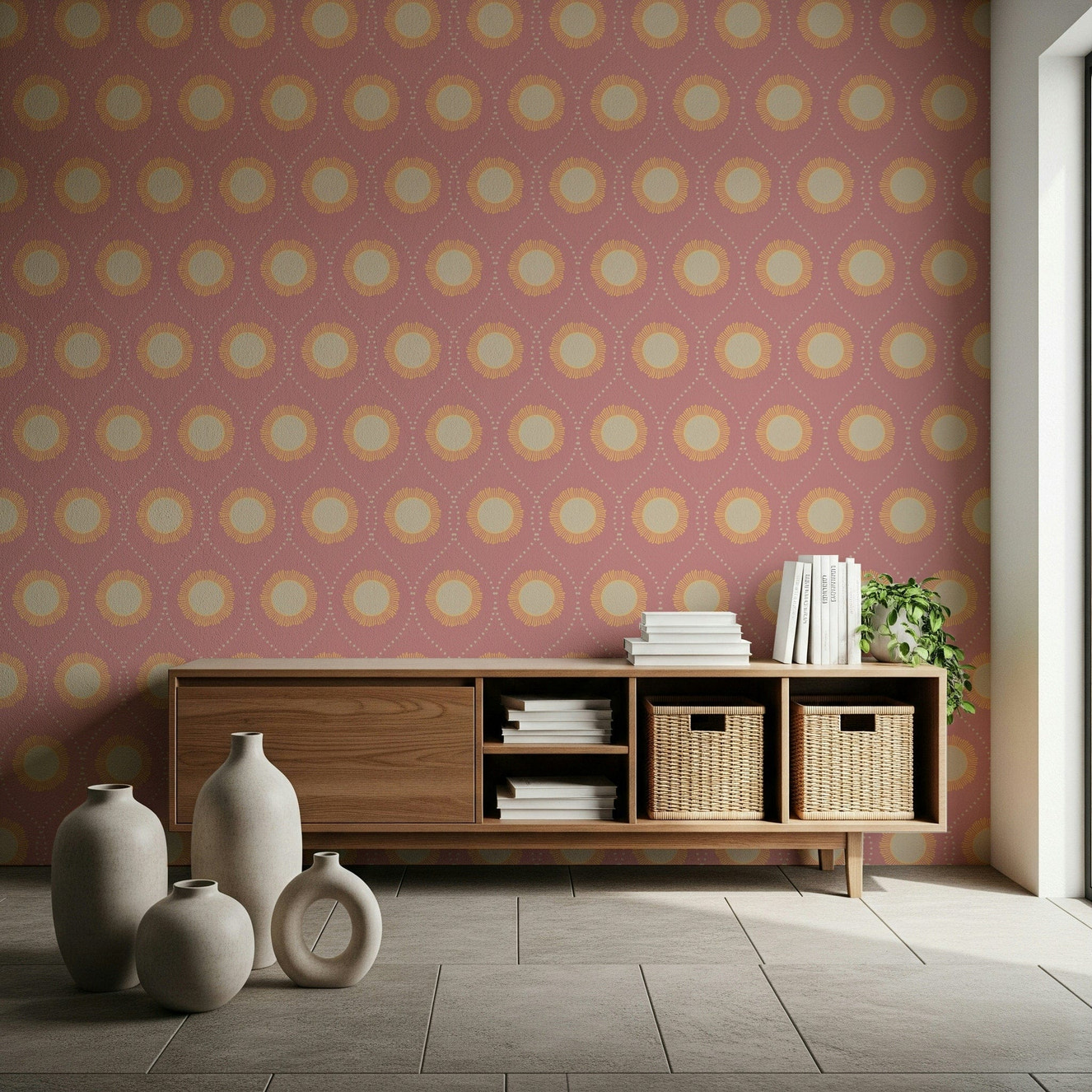 Chic Blush Sunburst wallpaper, symmetrical repeating graphic, lovely bedroom print.