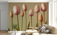 Wall mural showing vintage pink tulips, Emerging Elegance home decor.