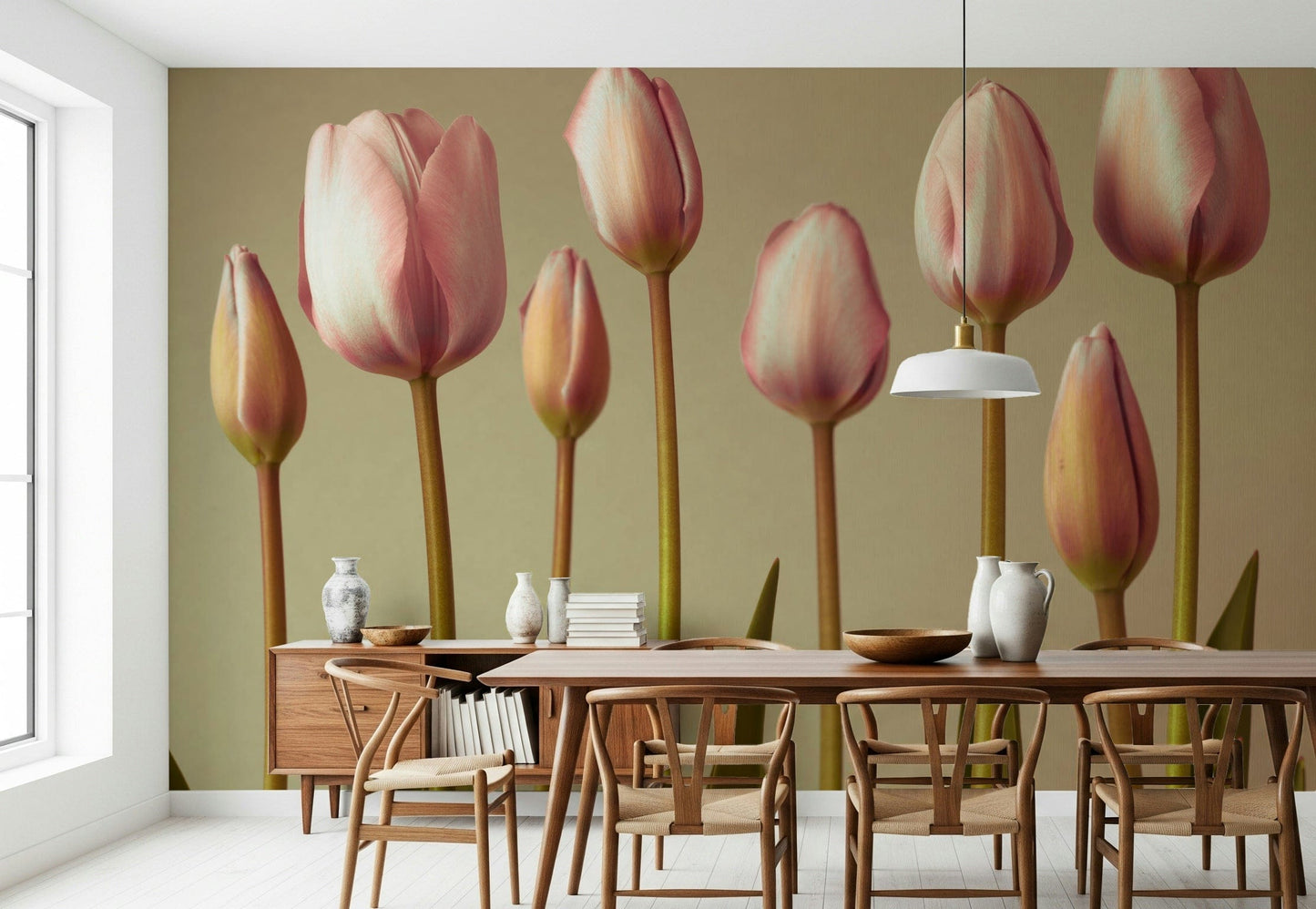 Stylish floral pattern, eight beautiful tulips, Emerging Elegance decoration.