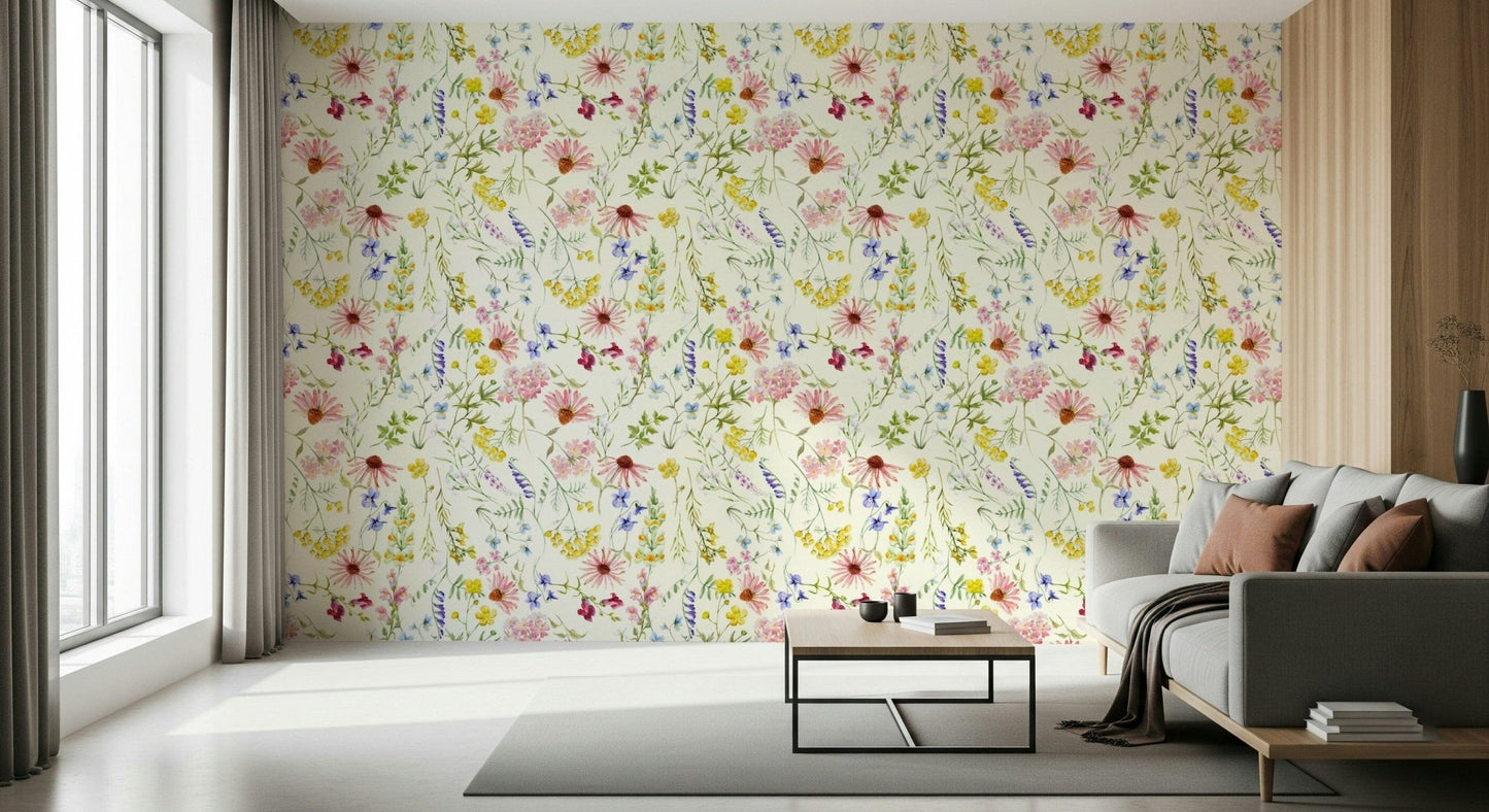 Blush wildflower pattern wallpaper for powder room, light floral detail
