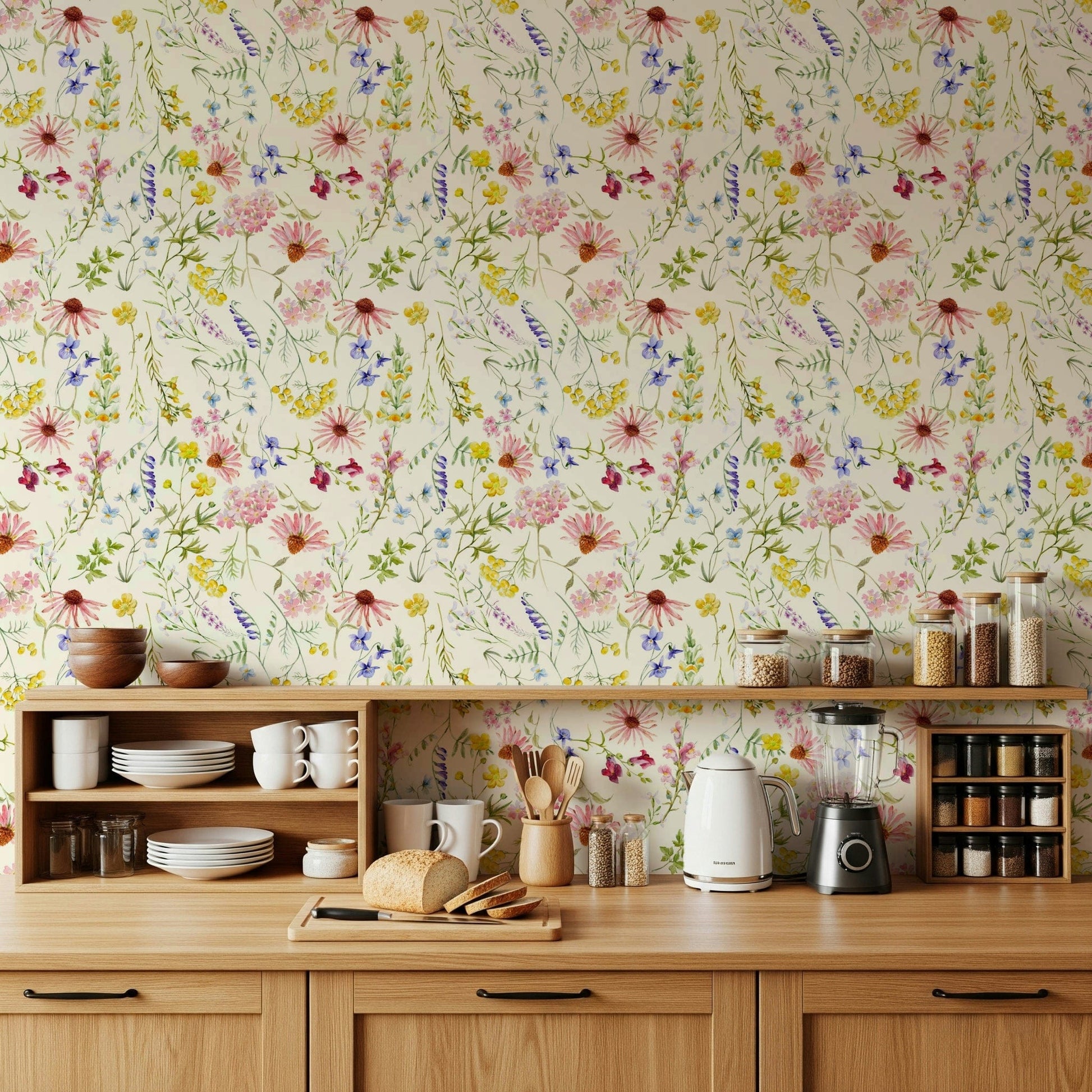 Blush floral meadow wallpaper behind sofa, modern home styling with delicate blooms