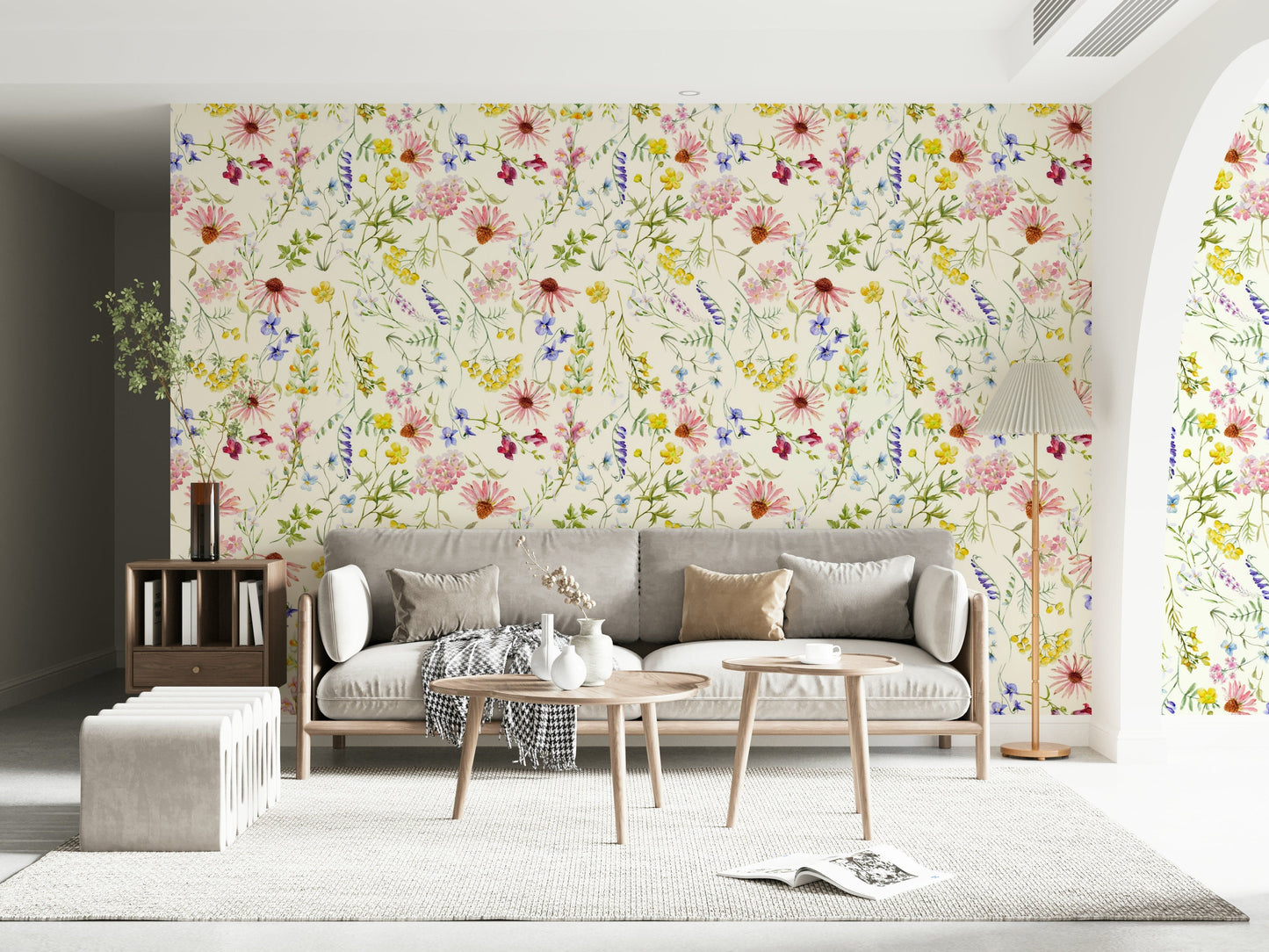 Meadow wildflower wallpaper for hallway, blush florals and gentle greenery