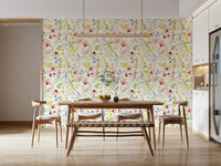 Watercolour wildflower meadow mural for nursery, blush pink and green tones