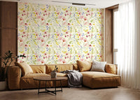 Blush wildflower meadow wallpaper for living space feature wall, soft pink florals