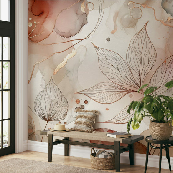 Blushing Botanical Dream wallpaper mural in rust and grey leaf line-art behind a wood bench and monstera in an entryway
