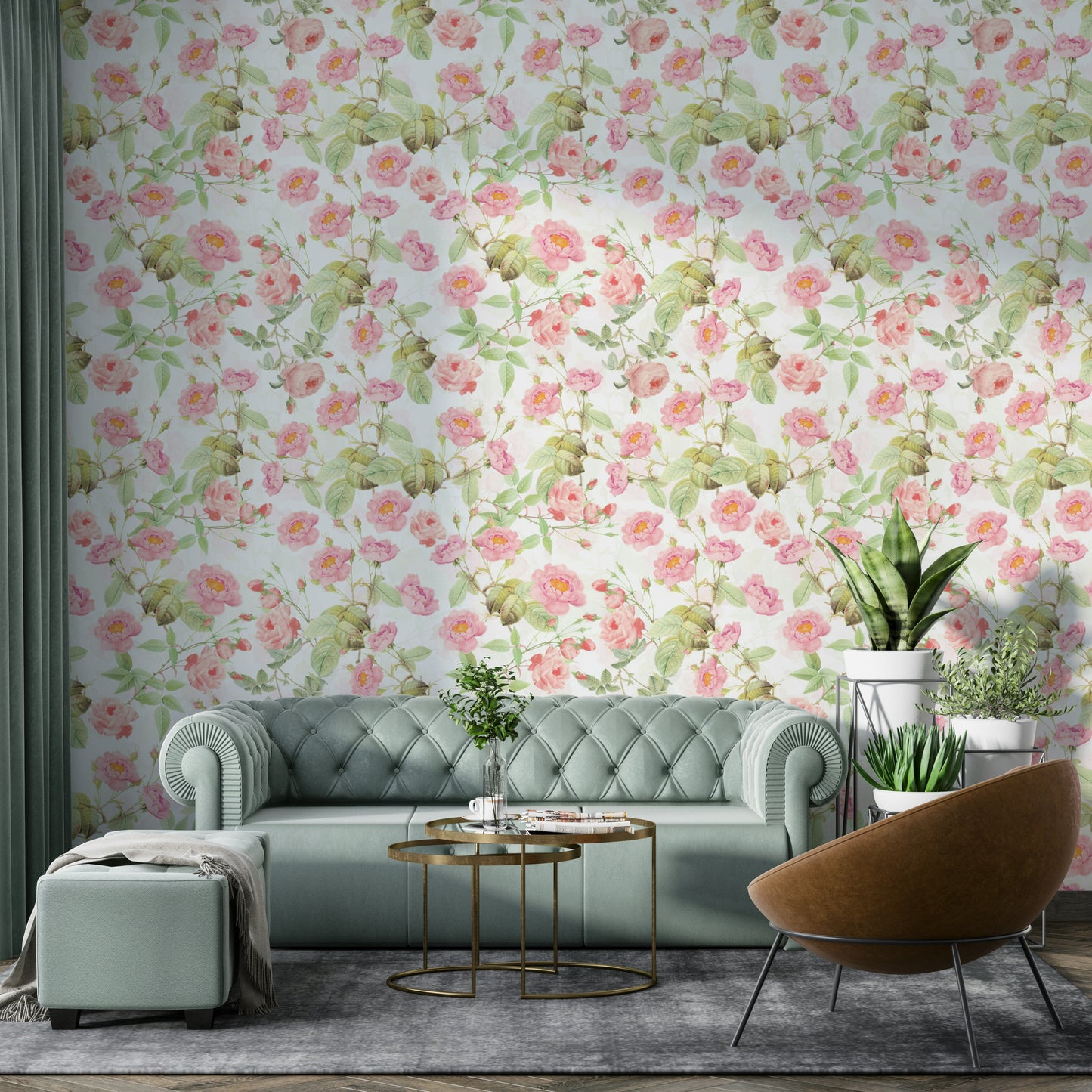 Soft floral wallpaper with blush pink tones

