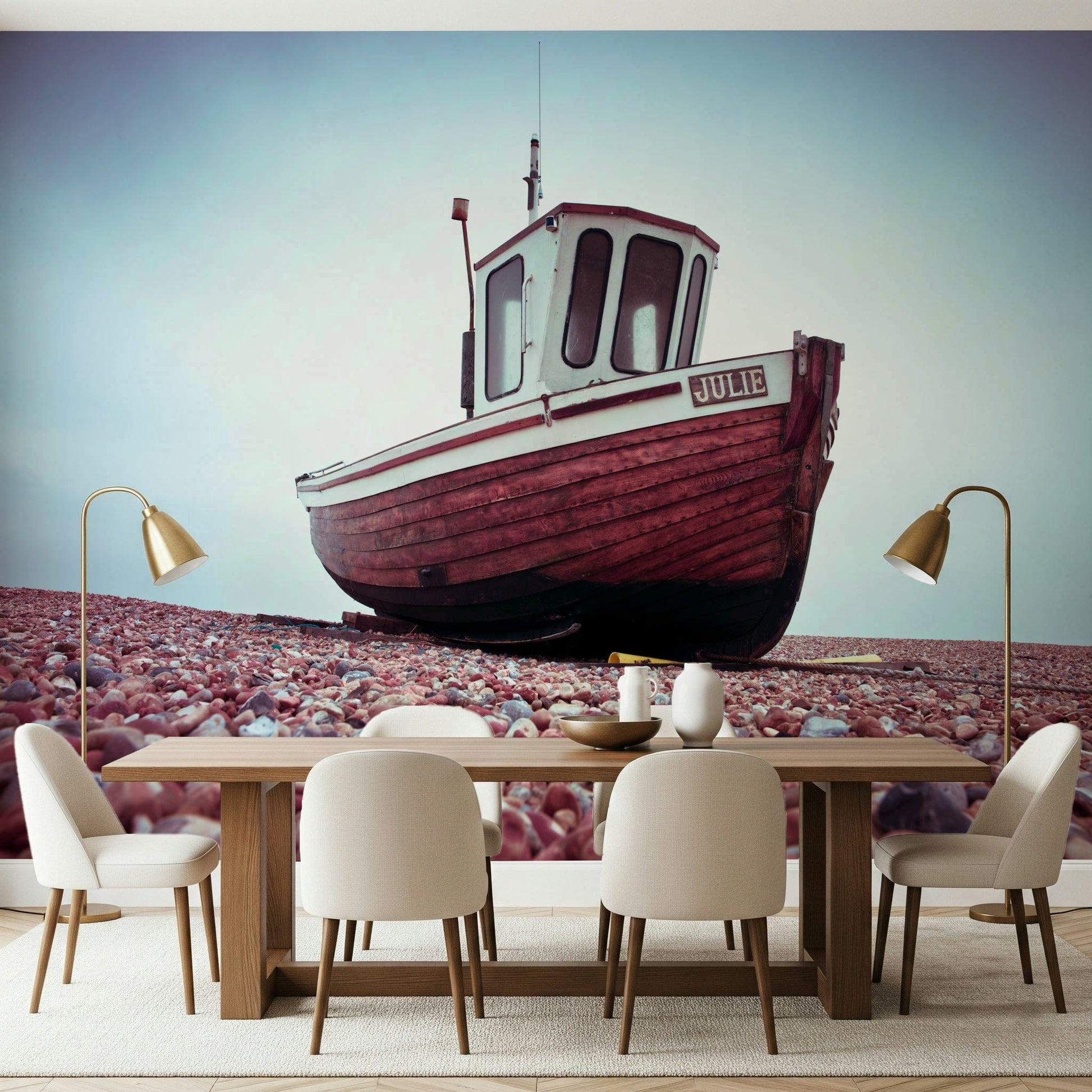 Gritty Boat Resting on Pebbled Strand wall mural, small fishing dinghy, beach.