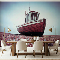 Gritty Boat Resting on Pebbled Strand wall mural, small fishing dinghy, beach.
