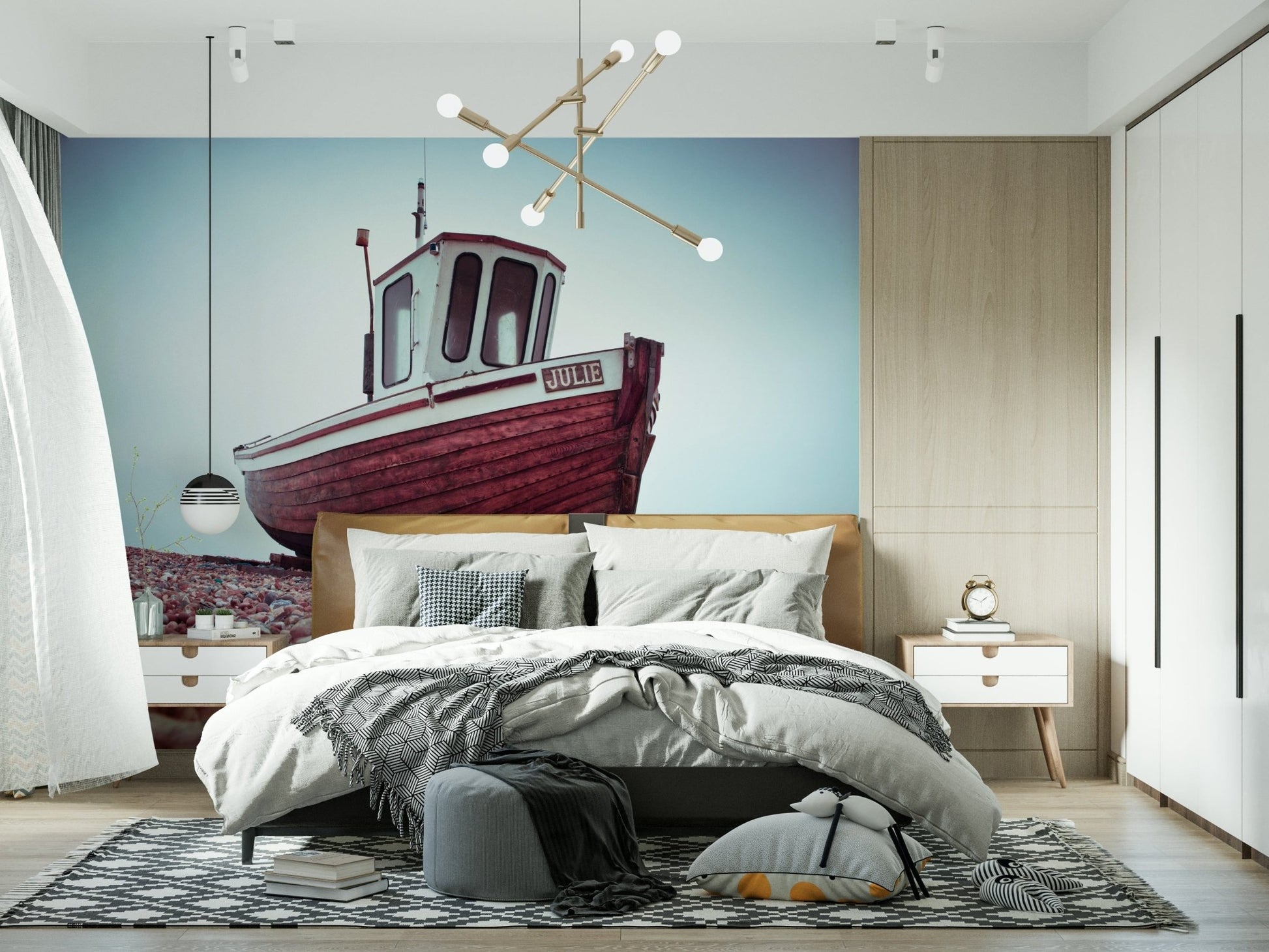 Boat Resting on Pebbled Strand, maroon and white boat, pebble strand, wallpaper.