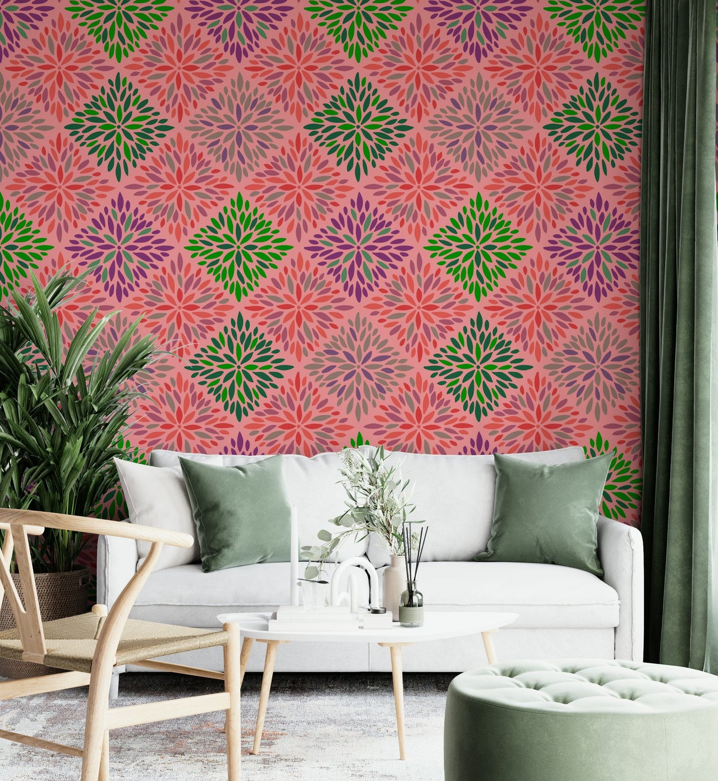 The wall art combines floral and geometric patterns.

