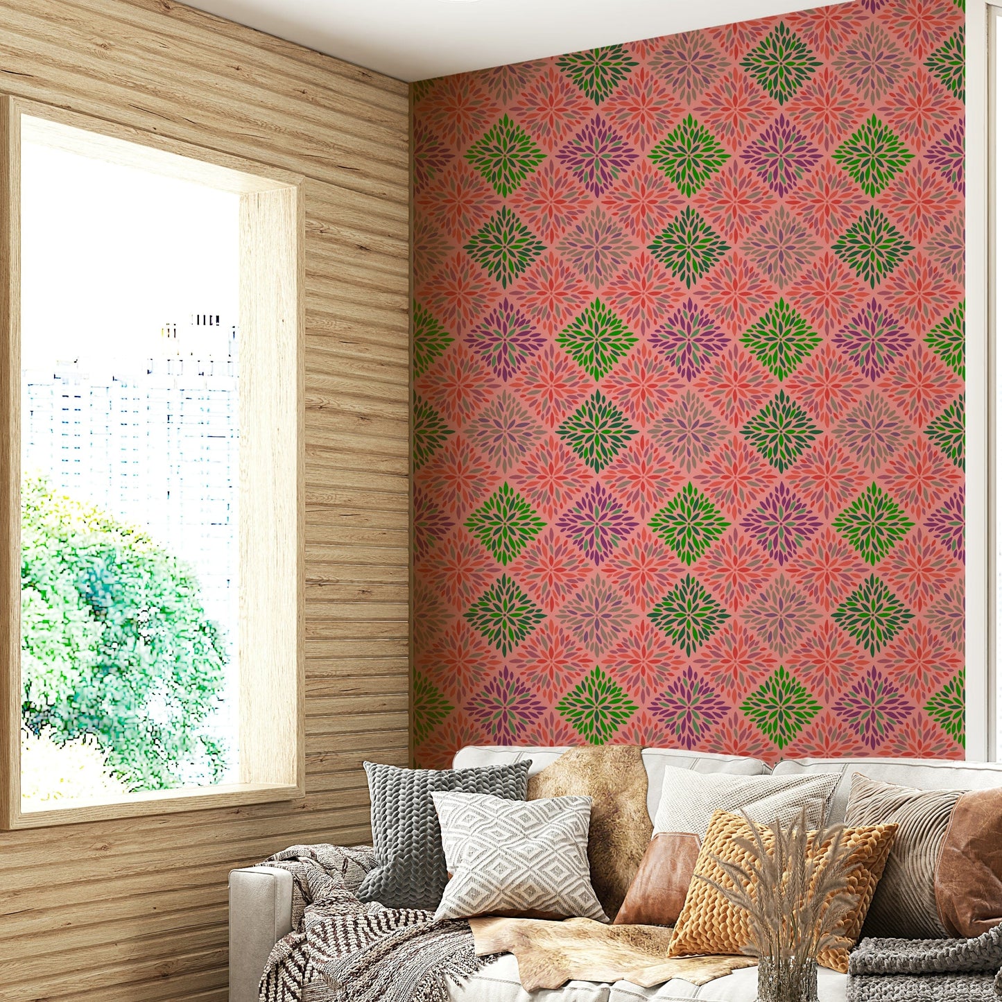 A damask-style print with pink and green tiles.

