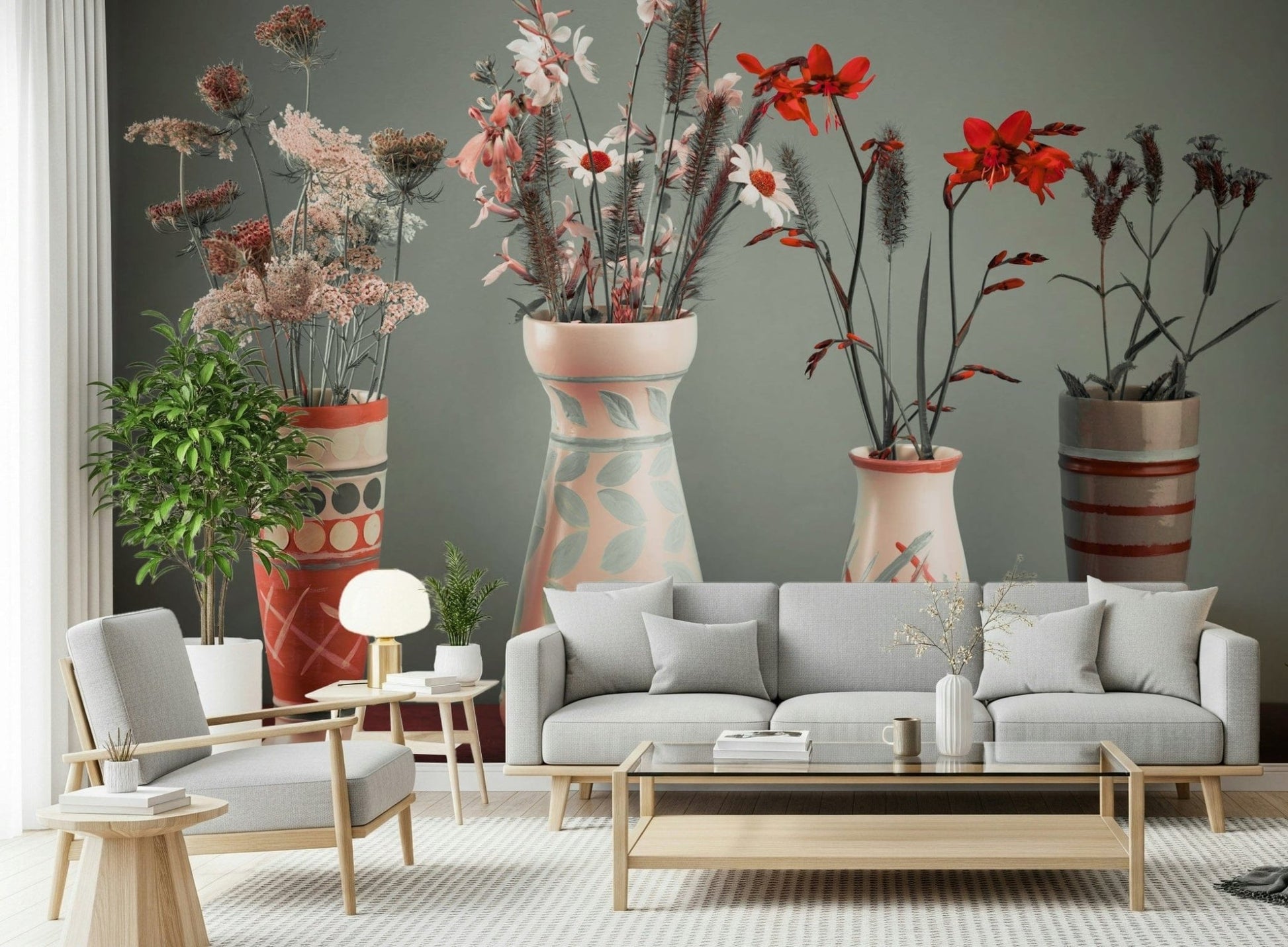 Designer vases filled with flowers mural Floral Collection charm.