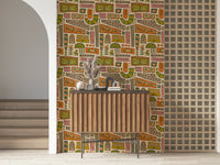 A cozy earth-tone wallpaper blending retro shapes and blooming flowers in a mod patchwork layout.
