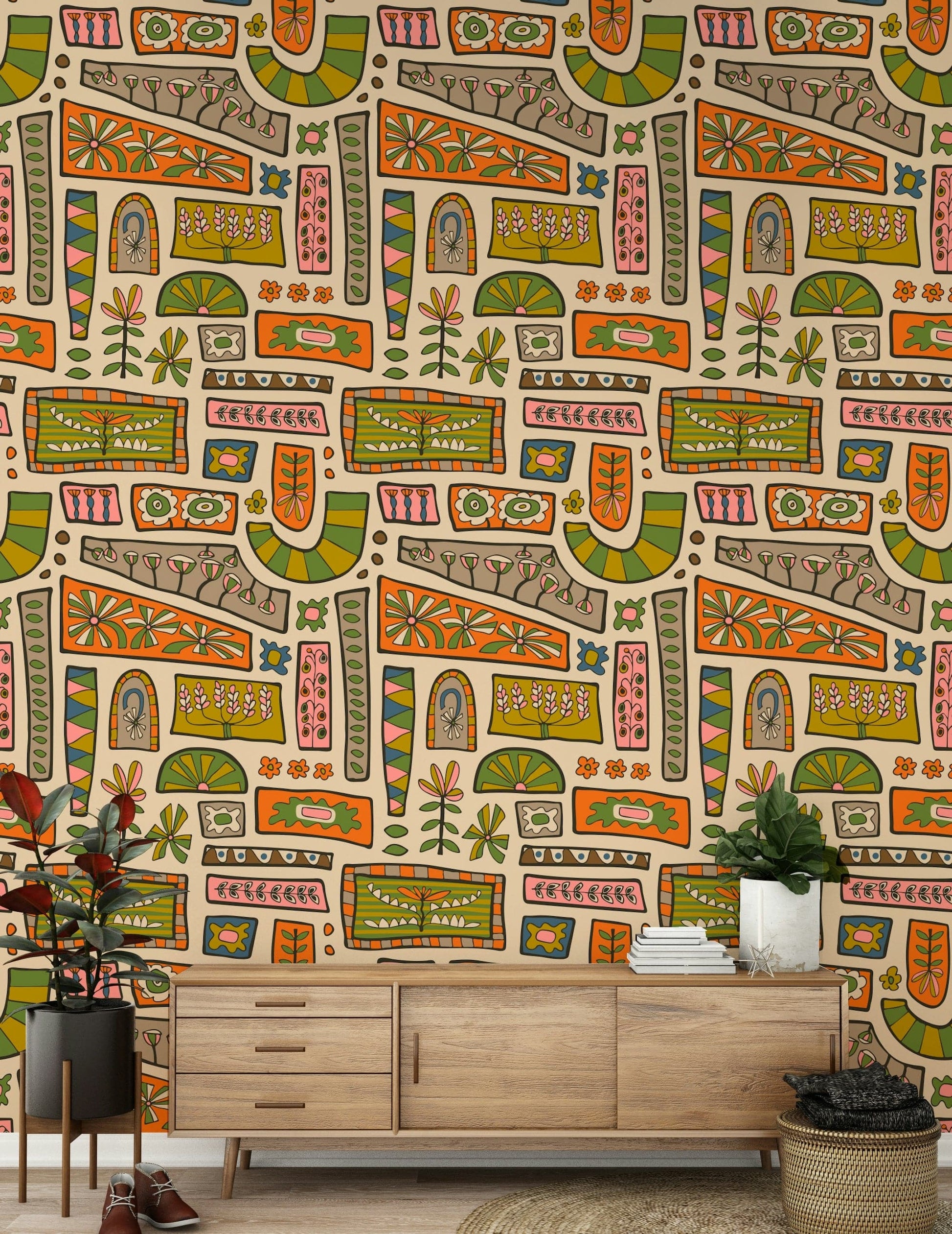 A retro-inspired wallpaper featuring eclectic floral blocks in soft green, orange, and beige tones.