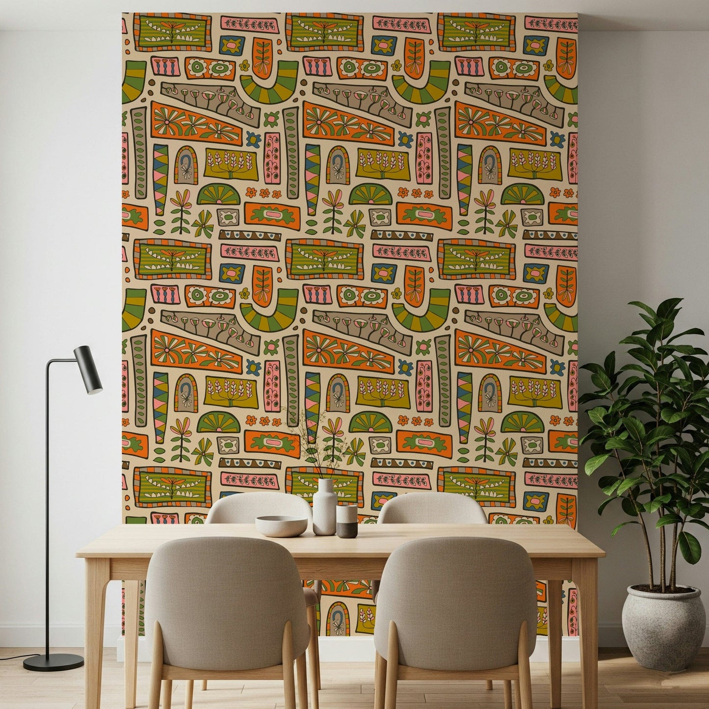 A bohemian patchwork wallpaper featuring warm earth-tone blocks filled with floral and geometric motifs.