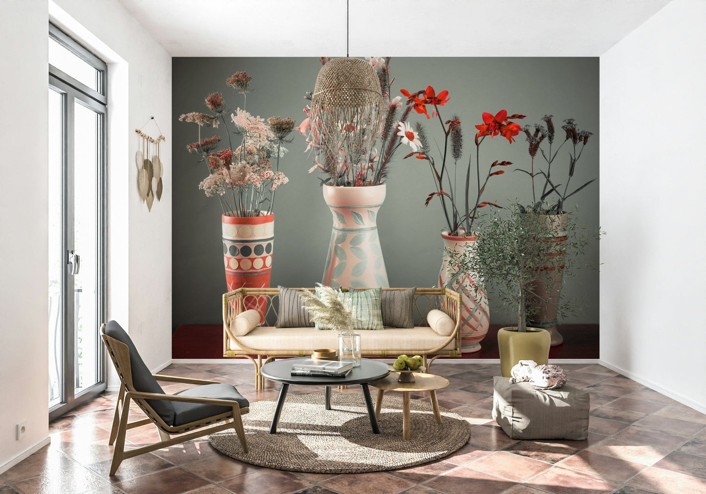 Earthenware vases with florals mural natural Floral Collection ambiance.