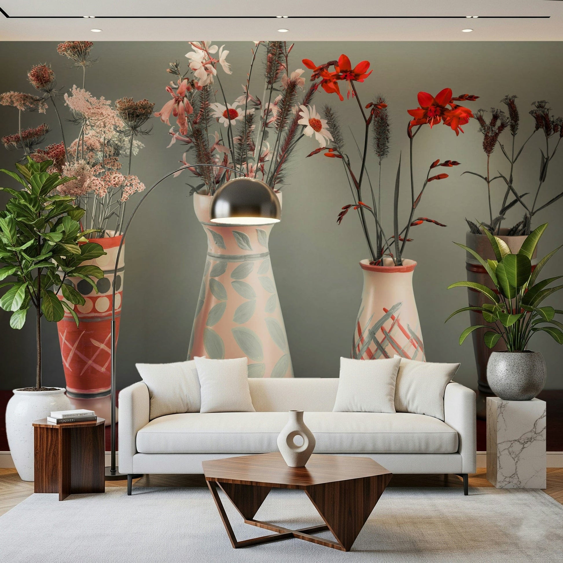 Muted color palette wallpaper highlighting Bohemian arrangements.