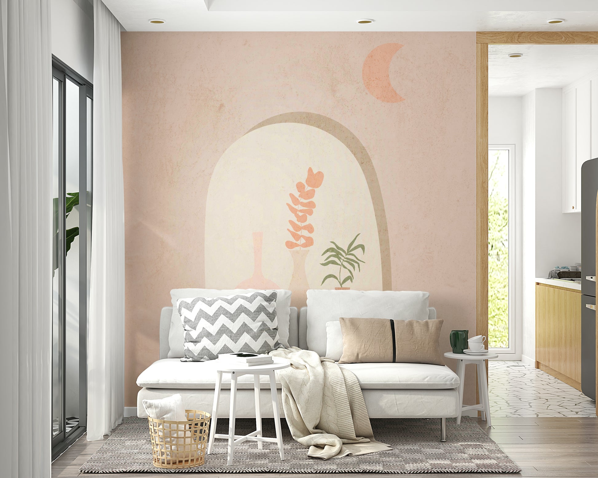 Warm-toned oasis mural with bohemian flair

