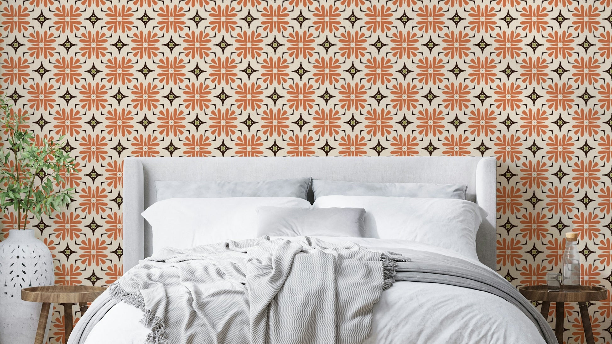 Bohemian Organic Tile Orange Wallpaper with geometric floral design.

