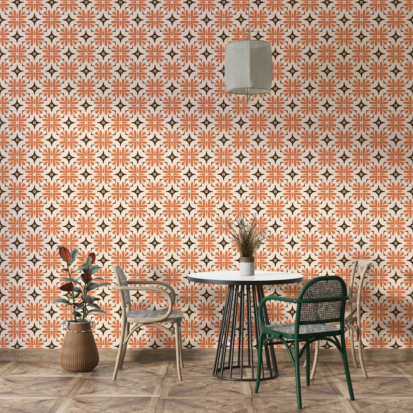 Geometric floral pattern wallpaper in warm orange and brown.


