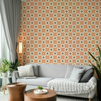 Geometric floral wall mural with organic orange tones.

