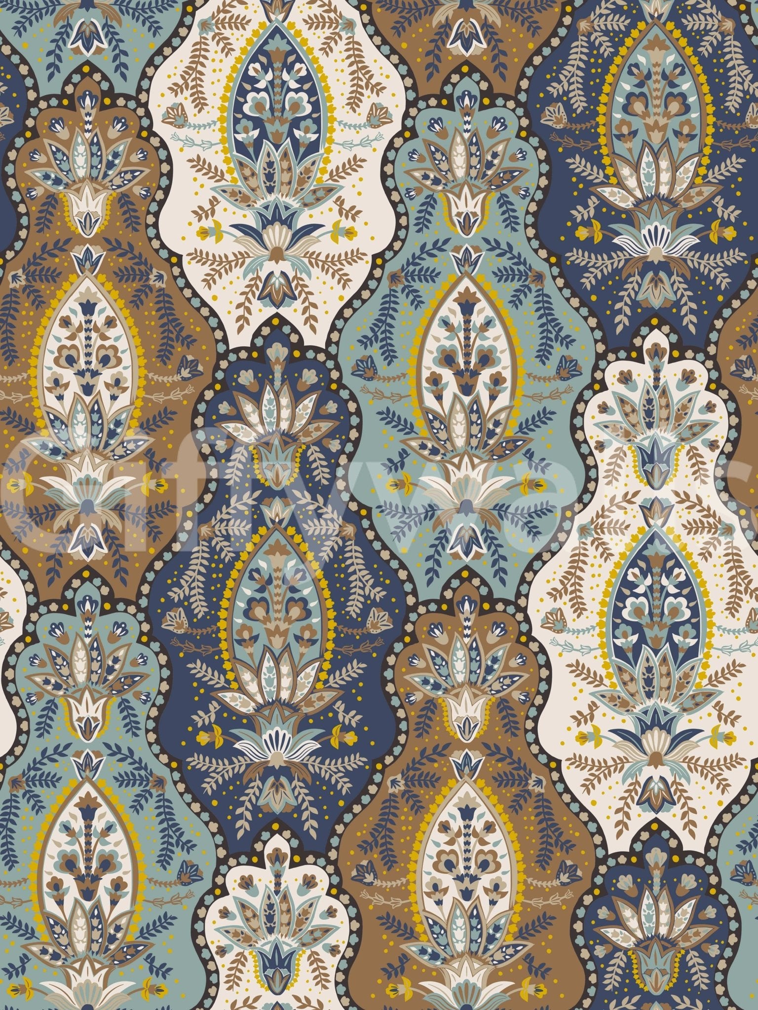 Classic boho paisley wallpaper with intricate linework and a mix of dark and light tones.