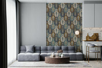 Vintage-inspired paisley wallpaper mural with blue, gold, and beige ornamental designs.