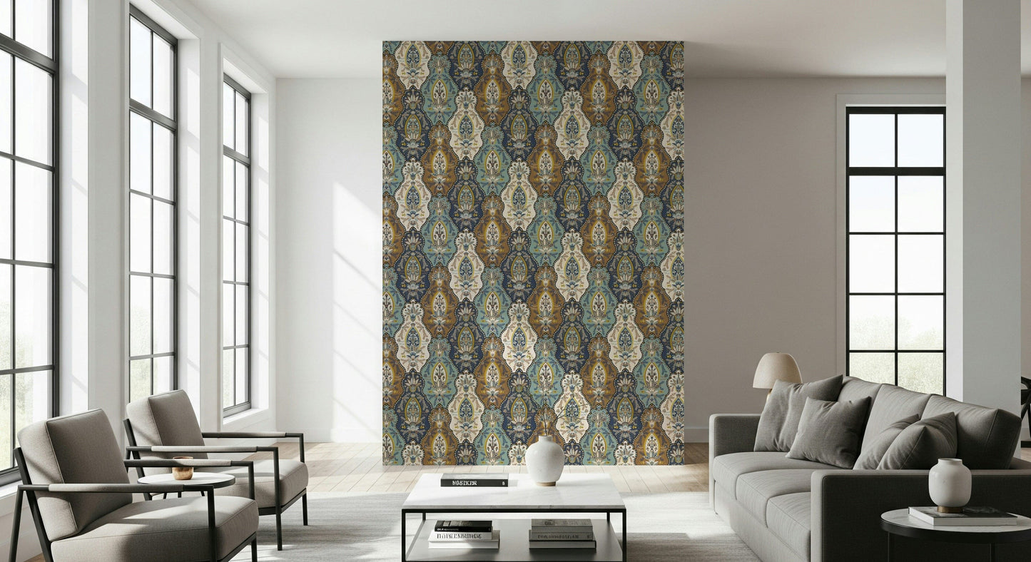Ornate bohemian paisley wallpaper mural with richly layered decorative patterns.