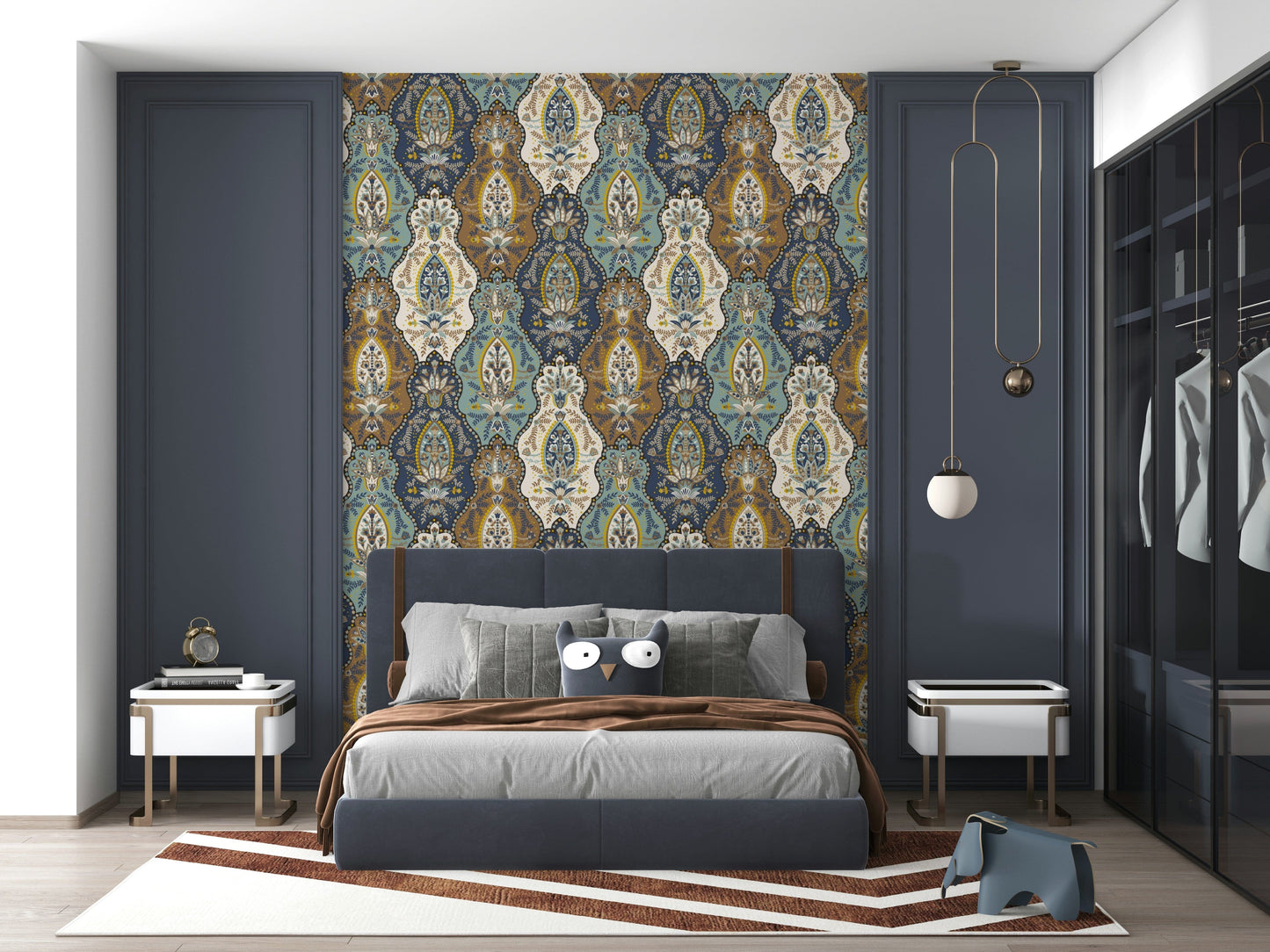 Decorative bohemian paisley wallpaper showcasing detailed floral and teardrop motifs.