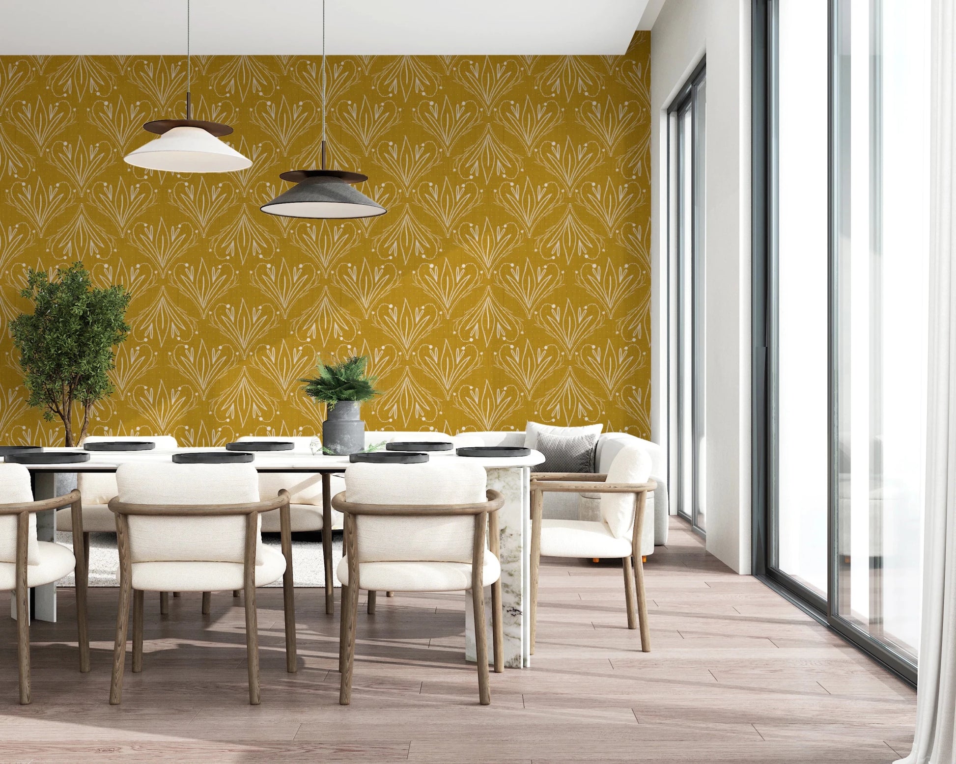 Boho Art Nouveau Folk Floral Mustard Gold wallpaper behind a long dining table with cream chairs by tall windows