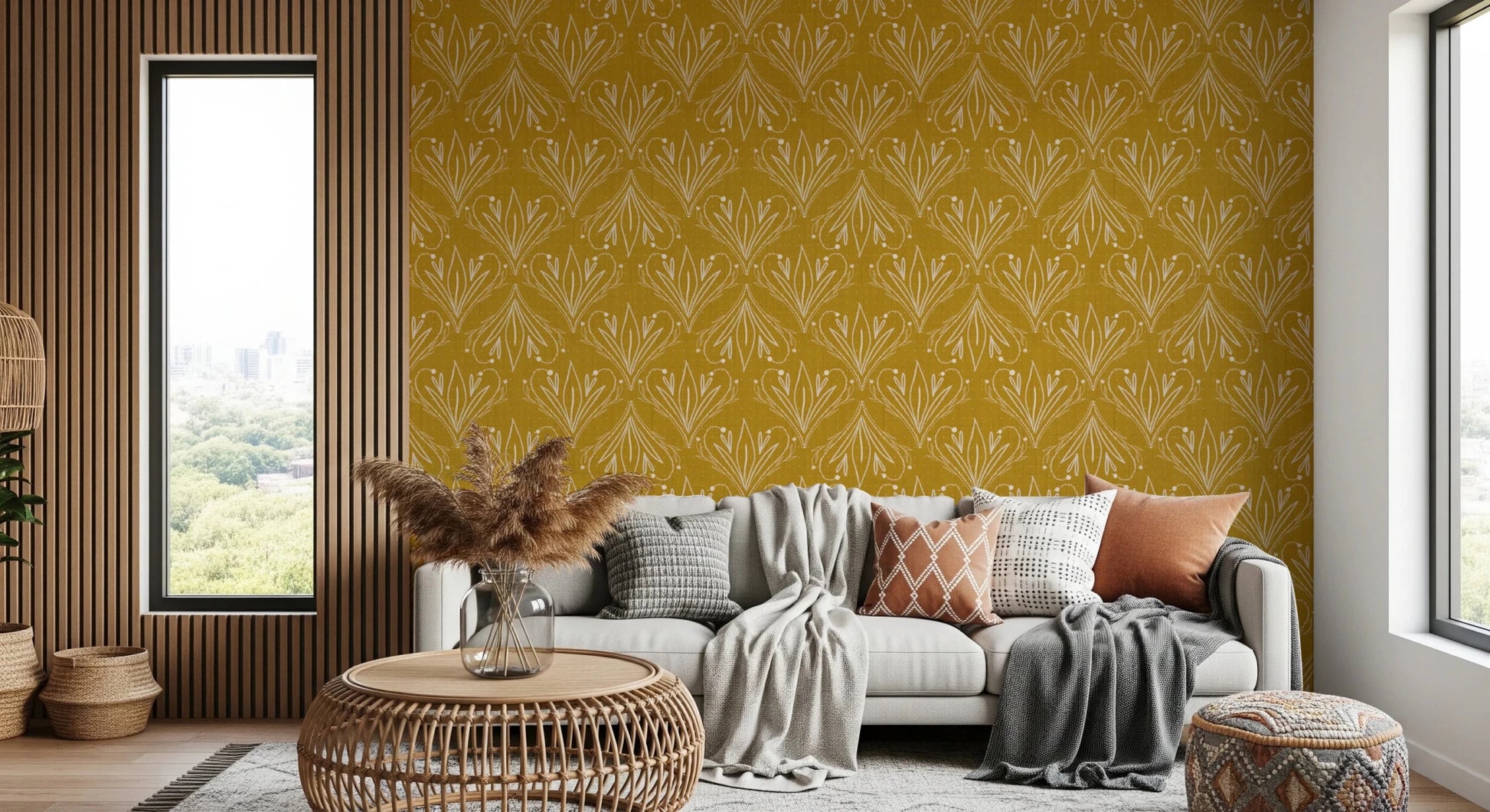 Boho Art Nouveau Folk Floral Mustard Gold wallpaper behind a white sofa with pampas grass in a boho living room
